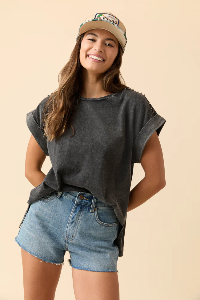 Kamryn Studded Short Sleeve Black Acid Wash Tee - Terpint