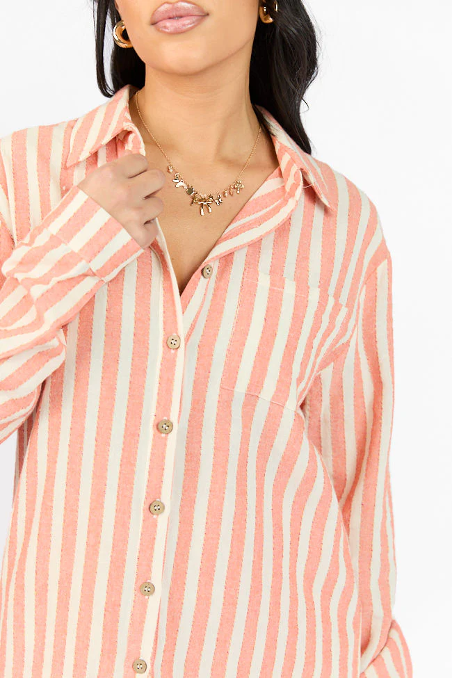 With The Tide Coral Striped Button Up Top FINAL SALE - Terpint