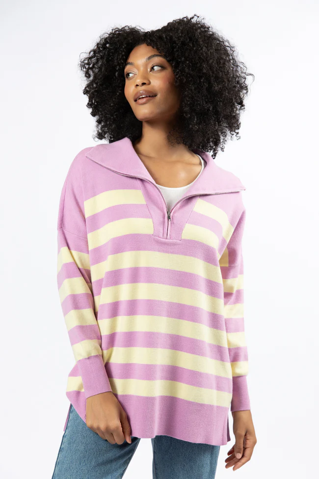 Pulling Heartstrings Purple And Yellow Striped Quarter Zip Pullover FINAL SALE - Terpint