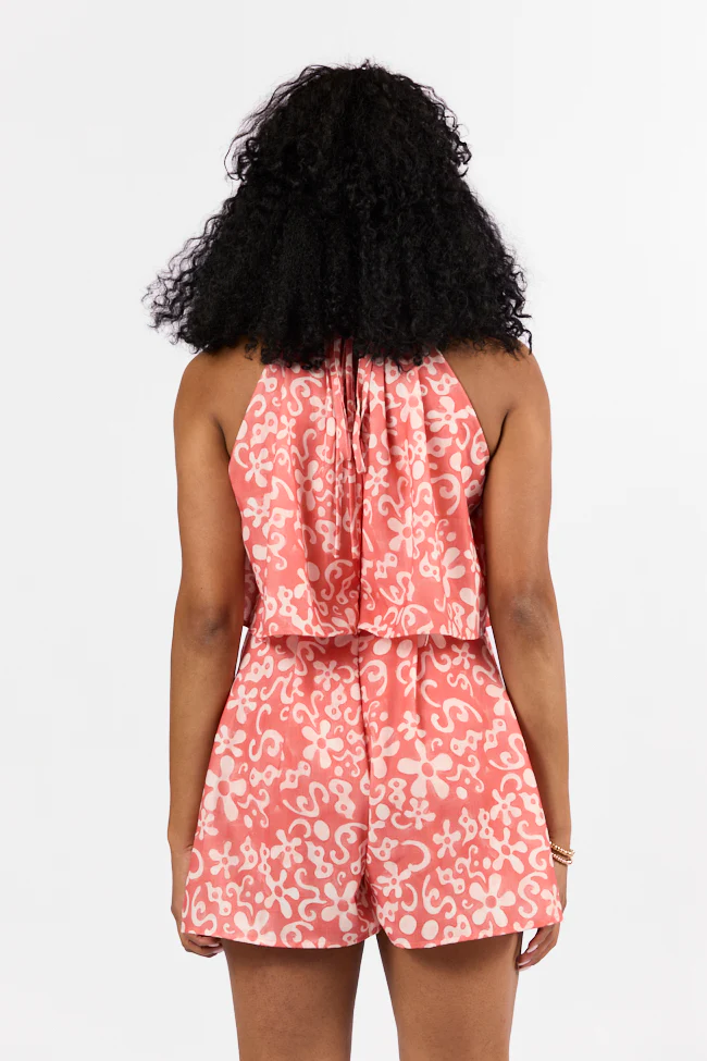 Spotlight Moment Coral Print Halter Neck Romper FINAL SALE - Terpint