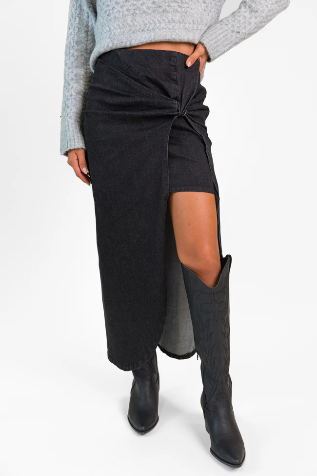 Unexpected Turn Black Denim Twist Front Midi Skirt FINAL SALE - Terpint
