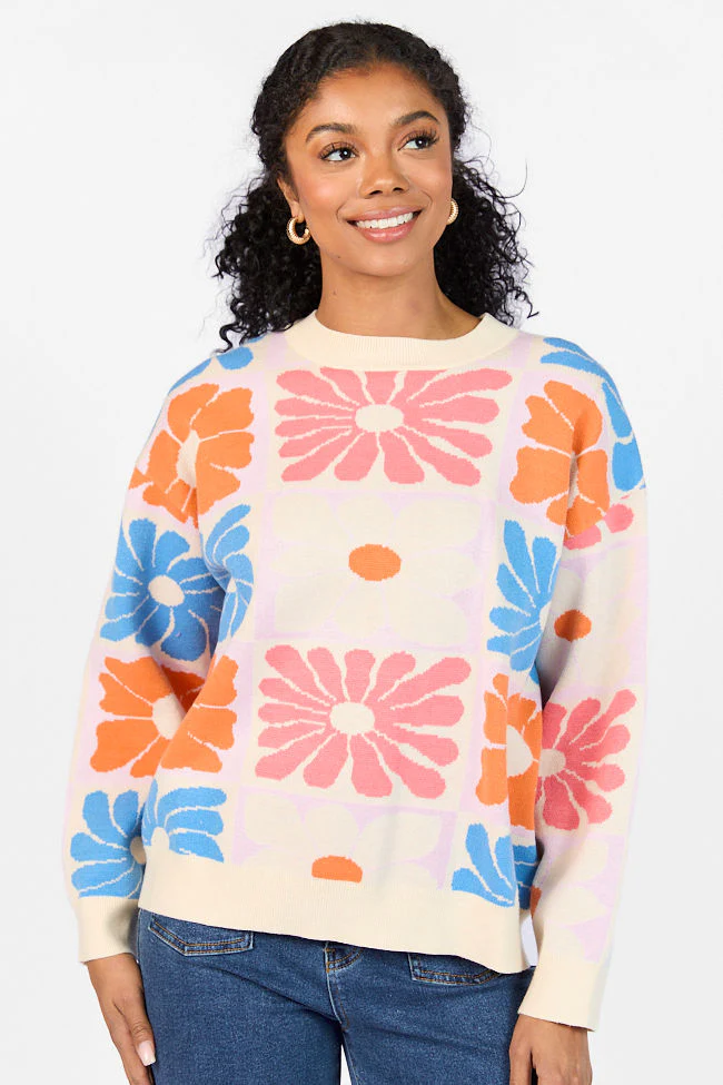 Gracious Gardens Blue Multi Block Floral Sweater FINAL SALE - Terpint