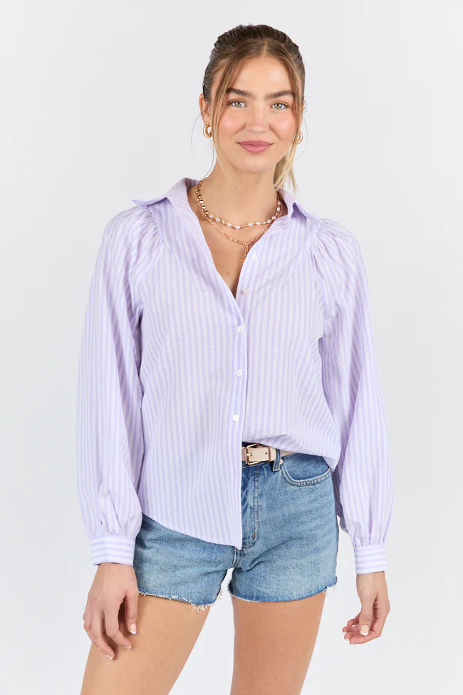 Here Lately Lilac Striped Button Down Top DOORBUSTER - Terpint