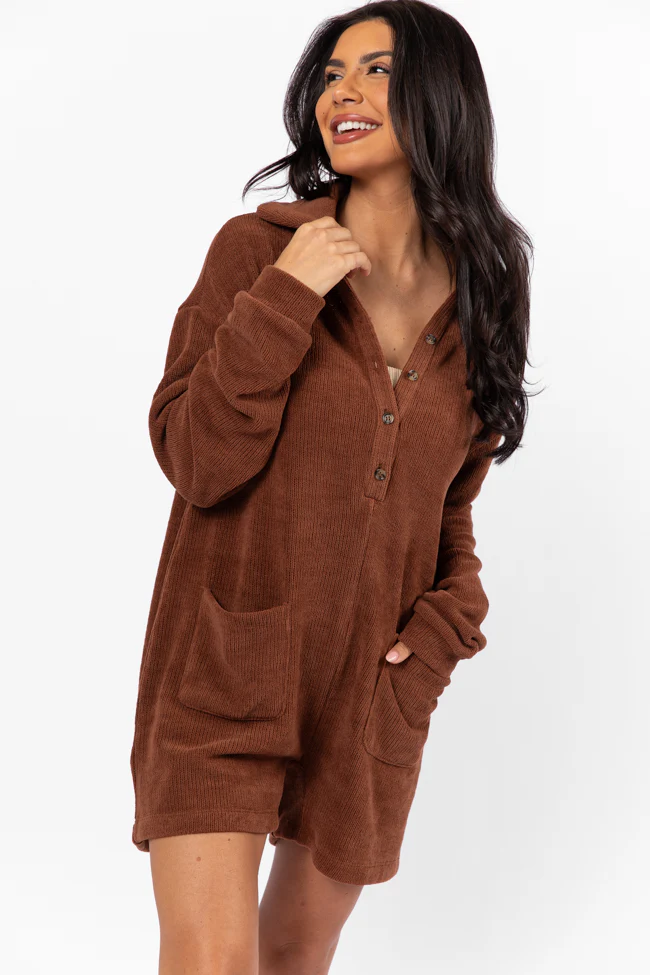 Now Or Never Chestnut Chenille Button Front Romper FINAL SALE - Terpint
