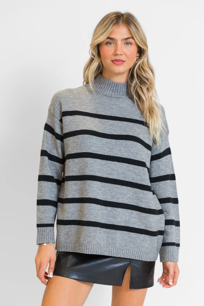 Where I'm Going Charcoal Oversized Stripe Turtleneck Sweater FINAL SALE - Terpint