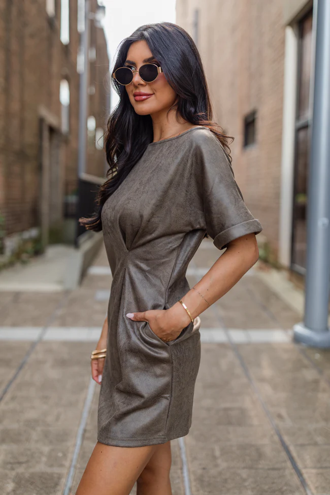 You Deserve It Mushroom Faux Leather Cinched Mini Dress FINAL SALE - Terpint