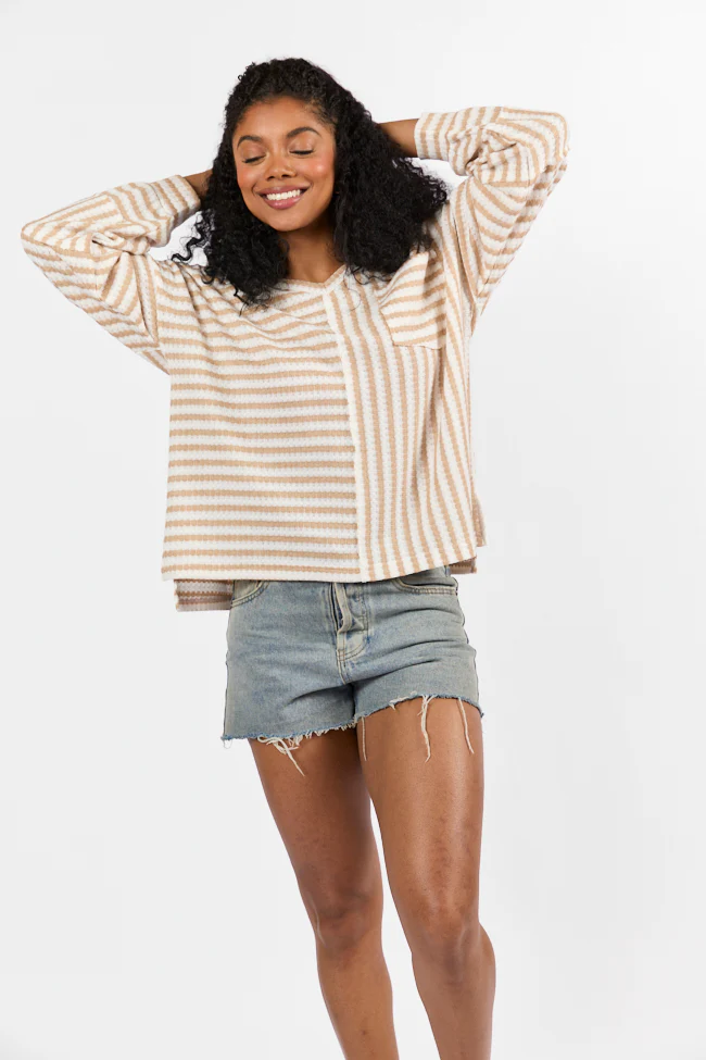 All For Sun Tan and Ivory Striped Knit V-Neck Long Sleeve Tee FINAL SALE - Terpint