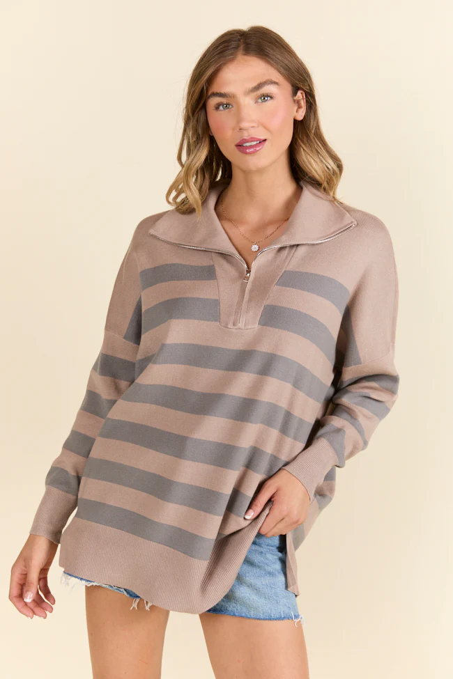 Pulling Heartstrings Taupe Striped Quarter Zip Pullover FINAL SALE - Terpint