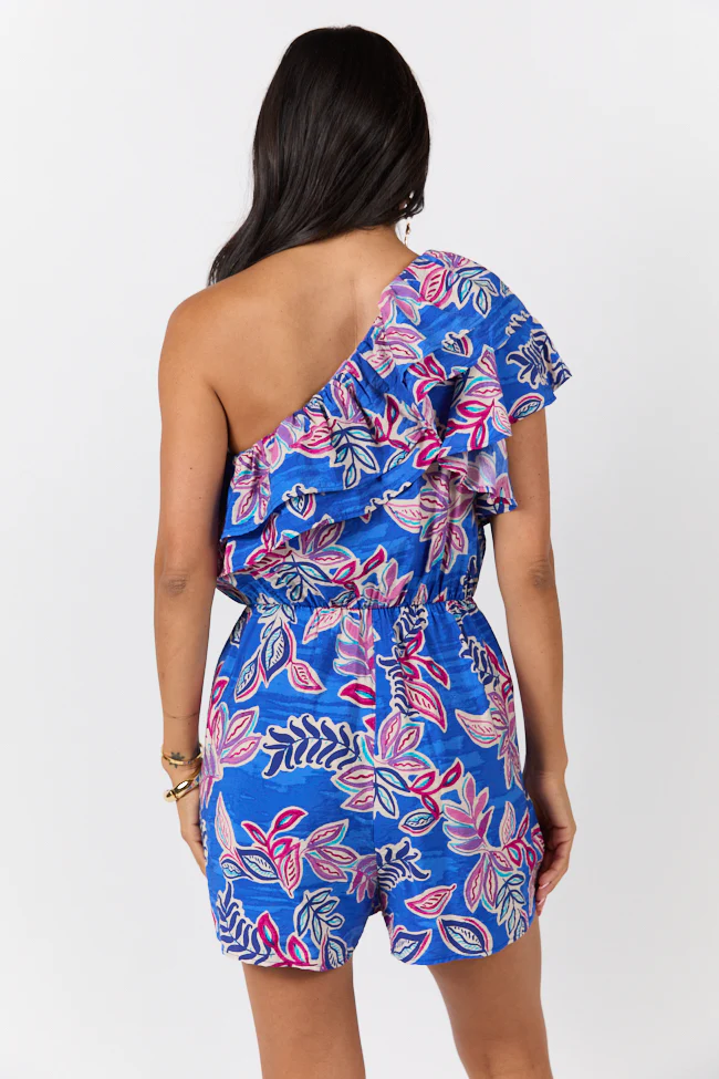 Radiating Beauty Blue Multi One Shoulder Ruffle Romper SALE - Terpint