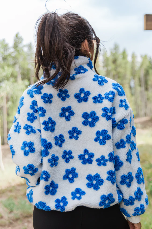 Playing For Keeps Blue and Ivory Floral Print Sherpa Pullover FINAL SALE - Terpint