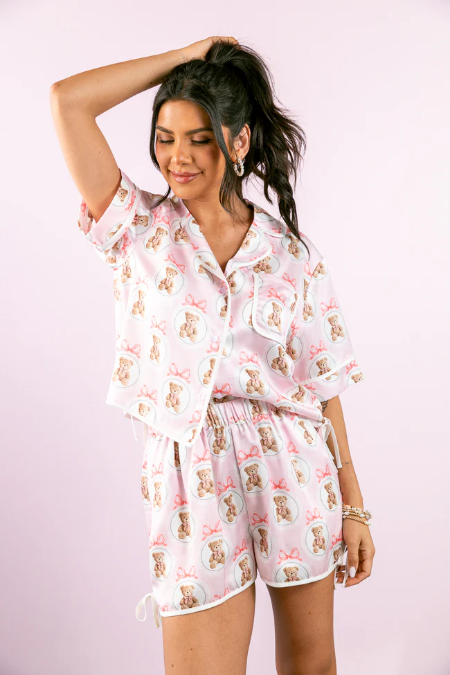 Snuggled Up Teddy Bear Printed Contrast Tie Detail Satin Pajama Shorts - Terpint
