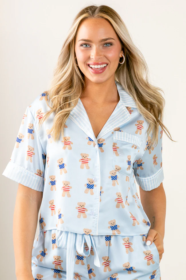 Bearly Asleep Teddy Bear Printed Short Sleeve Pajama Top FINAL SALE - Terpint
