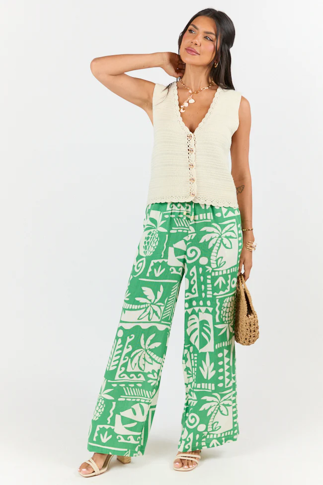 Island Escape Green Printed Pull On Pants - Terpint