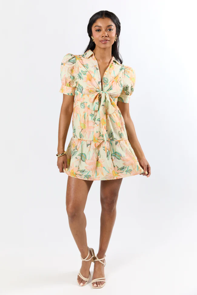 Off The Vine Multi Floral Print Front Tie Shirt Dress SALE - Terpint