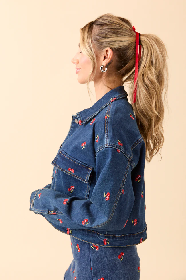 My Favorite Cherry Embroidered Stretch Denim Jacket - Terpint