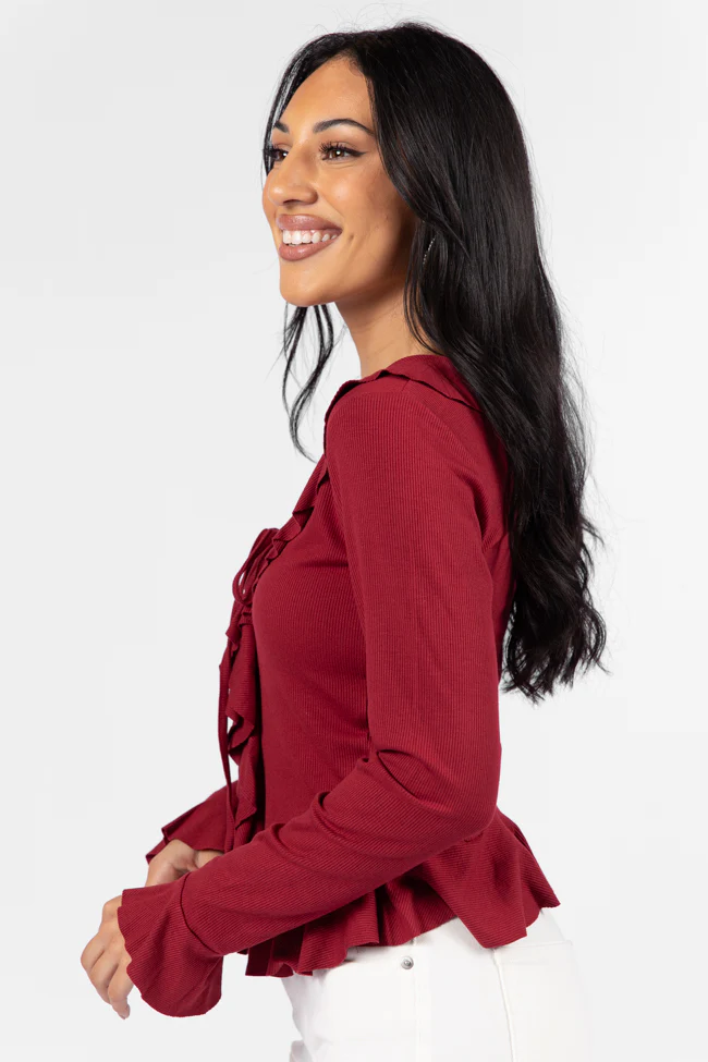 Treat You The Same Wine Ruffle Detail Ribbed Blouse FINAL SALE - Terpint