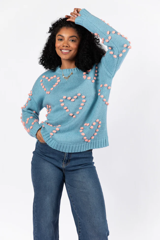 Adore You Blue and Pink Oversized Heart Pom Sweater FINAL SALE - Terpint