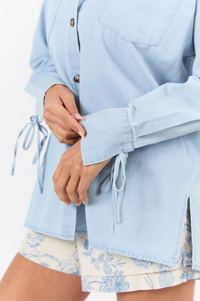 Different Plans Light Wash Chambray Button Down Blouse DOORBUSTER - Terpint