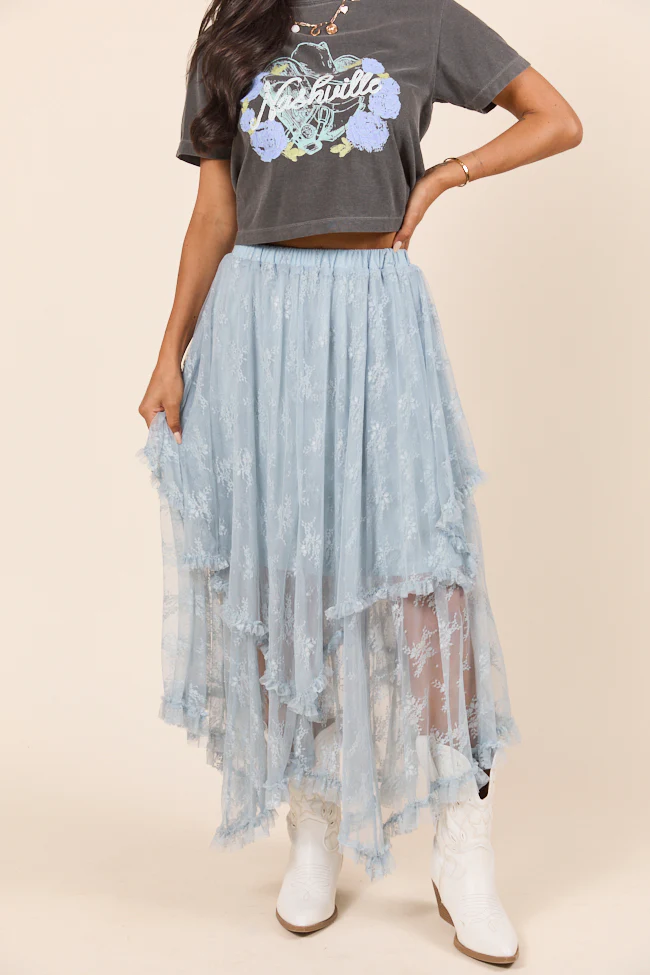 Cynthia Dusty Blue All Over Lace Hanky Hem Skirt - Terpint