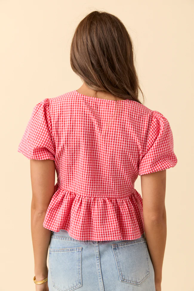 Mila Red Gingham Tie Front Flounce Woven Blouse DOORBUSTER - Terpint