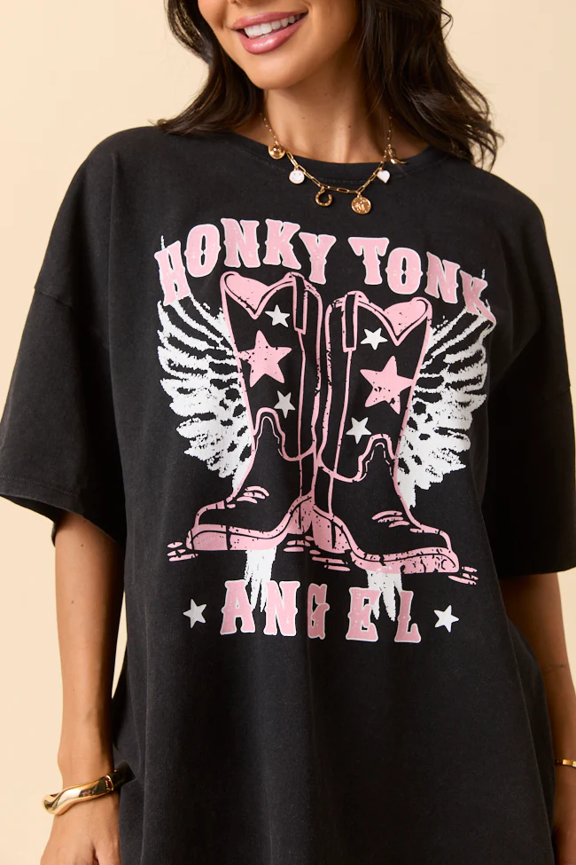 Honky Tonk Angel Black Oversized Graphic Tee - Terpint
