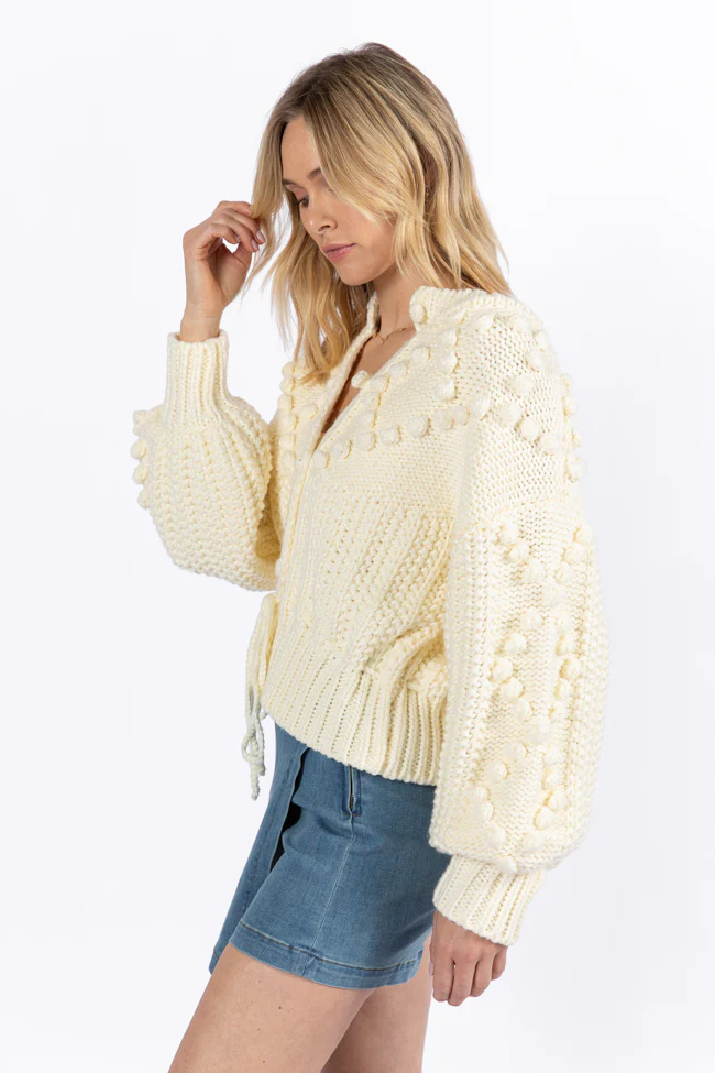 Pom Party Cream Chunky Cinched Waist Cardigan FINAL SALE - Terpint