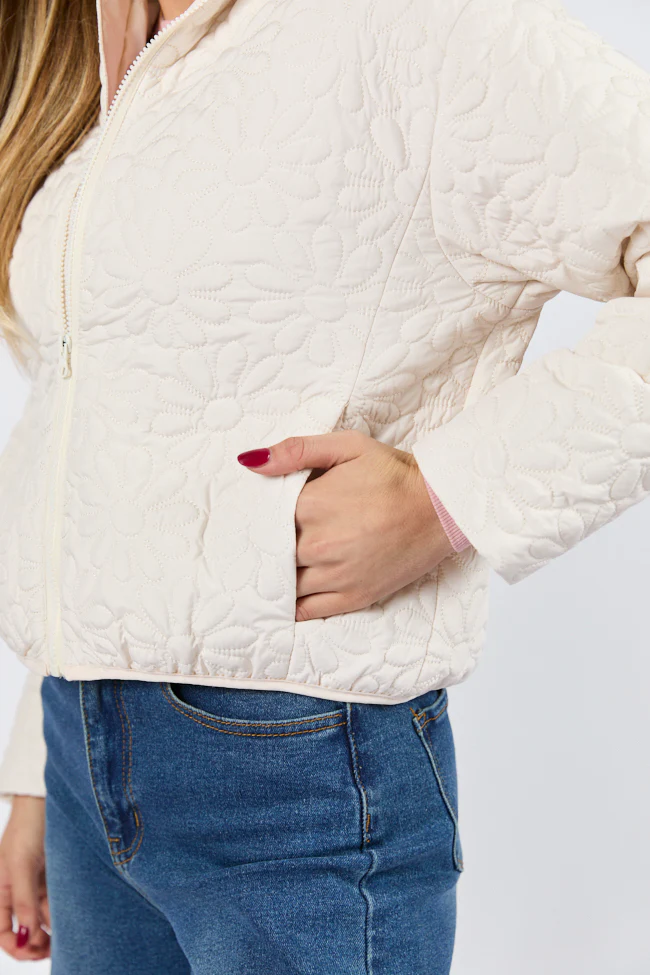 Full Bloom Cream Flower Quilted Zip Up Jacket FINAL SALE - Terpint