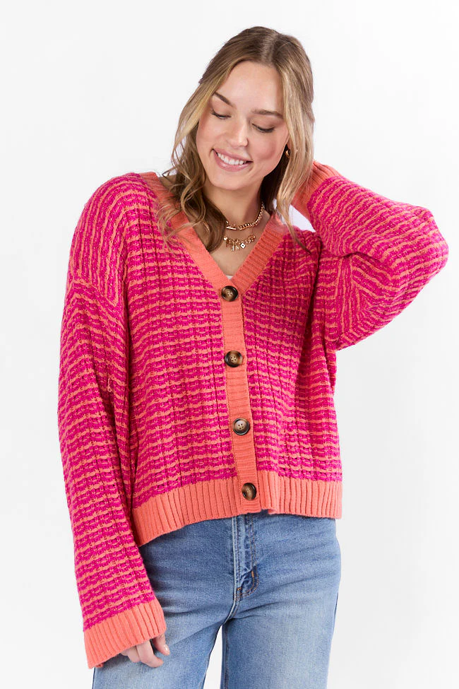 Triple Take Pink and Orange Woven Textured Knit Cardigan FINAL SALE - Terpint