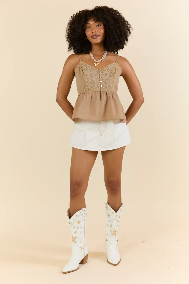 Boho Beat Brown Lace Detail Button Down Tank SALE - Terpint