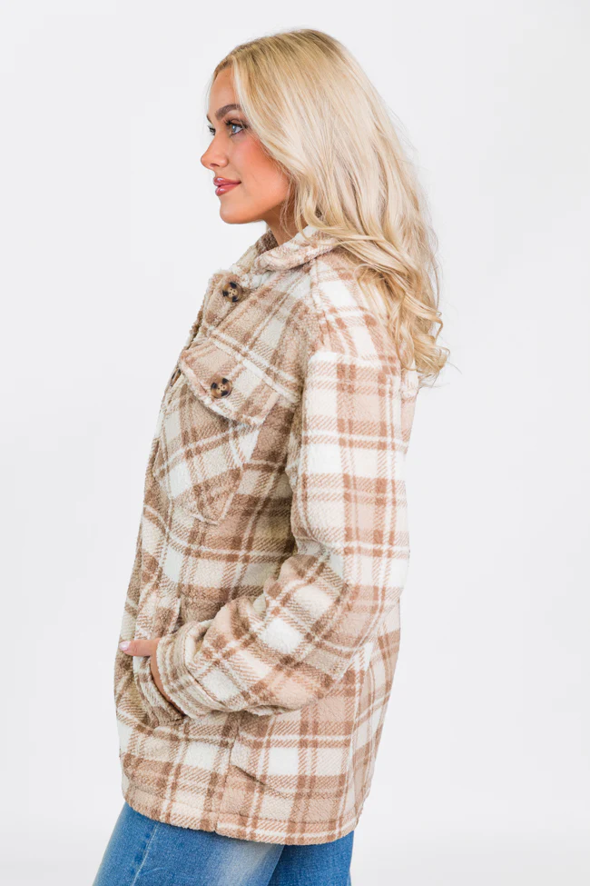 Through The Leaves Khaki Sherpa Plaid Shacket FINAL SALE - Terpint