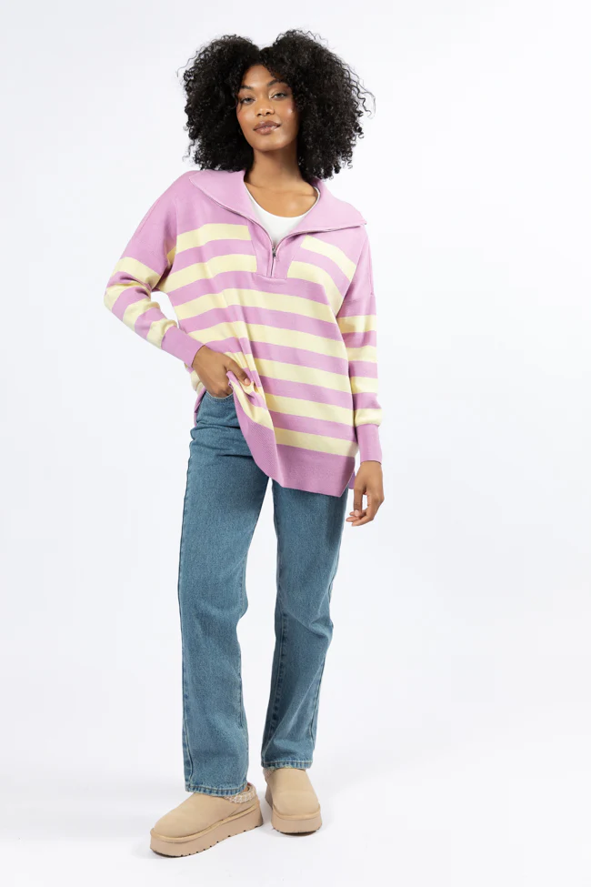 Pulling Heartstrings Purple And Yellow Striped Quarter Zip Pullover FINAL SALE - Terpint