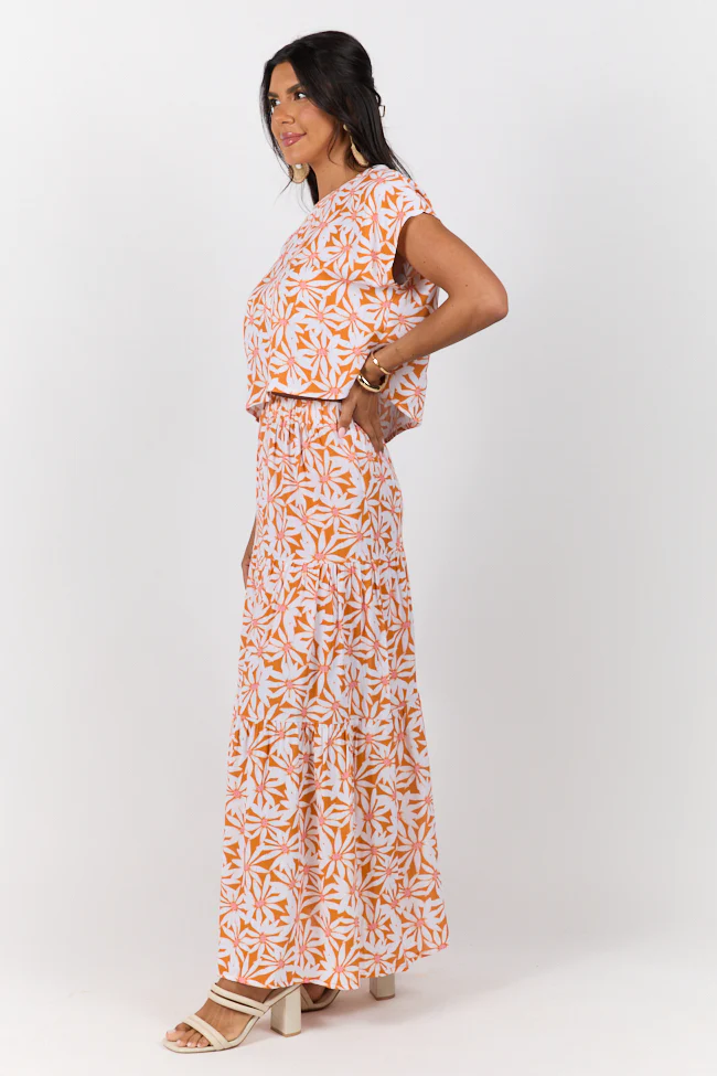 Dinner Downtown Orange Multi Floral Print Two Piece Skirt Set - Terpint