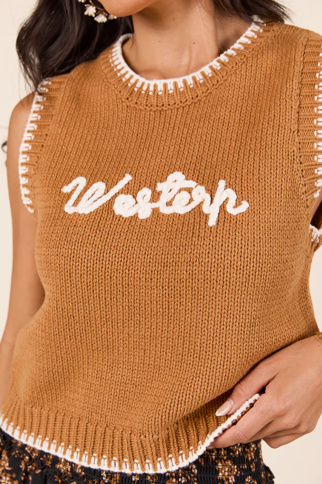 Selah Sleeveless Brown Western Sweater Vest - Terpint