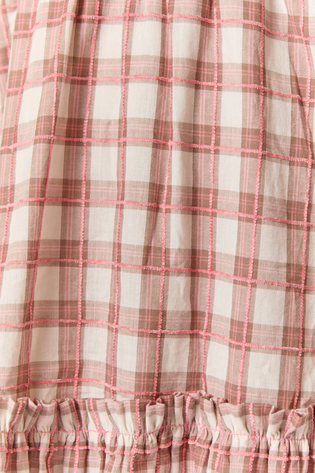 Checked Treasures Pink and Brown Plaid Tiered Midi Dress SALE - Terpint
