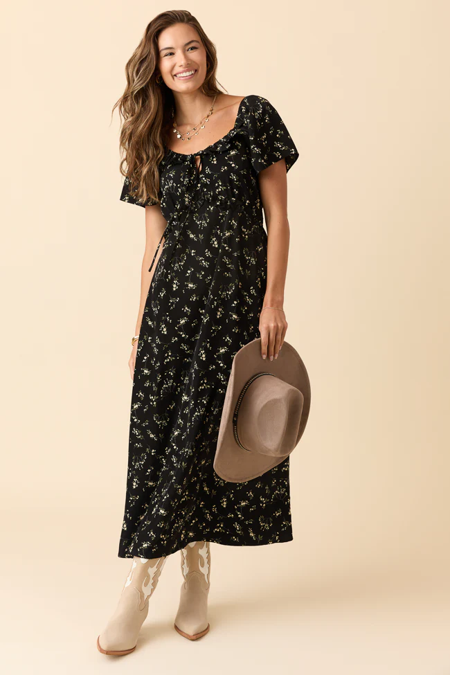 Bethany Black Floral Print Maxi Dress - Terpint
