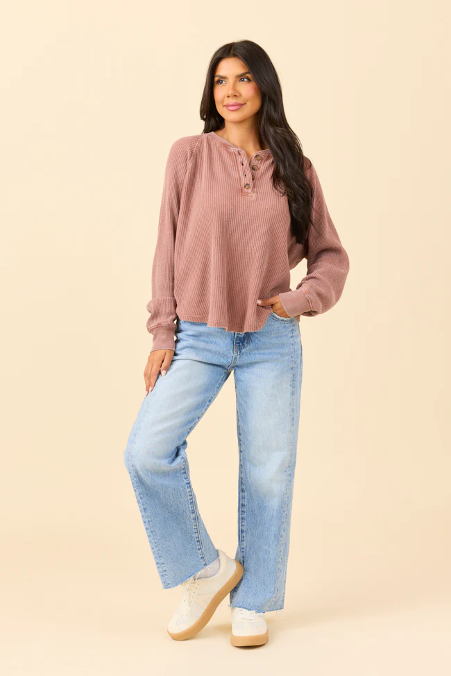 Abbie Long Sleeve Mineral Wash Chestnut Thermal Henley - Terpint