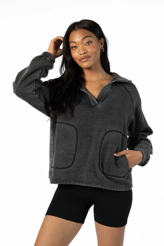 Learn As You Go Black Acid Wash Collared Pullover FINAL SALE - Terpint