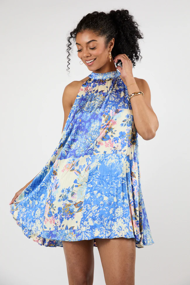 Petal Perfection Blue Multi Halter Neck Printed Mini Dress FINAL SALE - Terpint