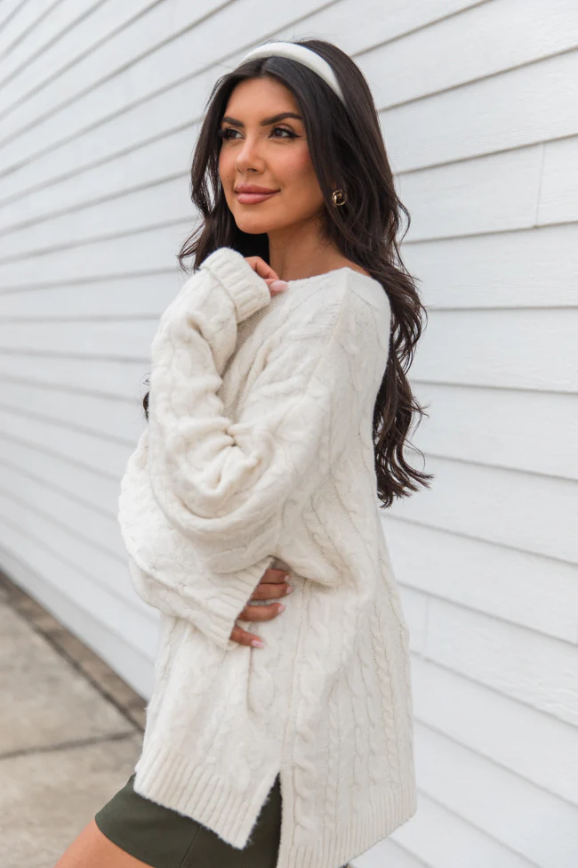 When You Call Ivory Oversized Cable Knit V-neck Sweater FINAL SALE - Terpint