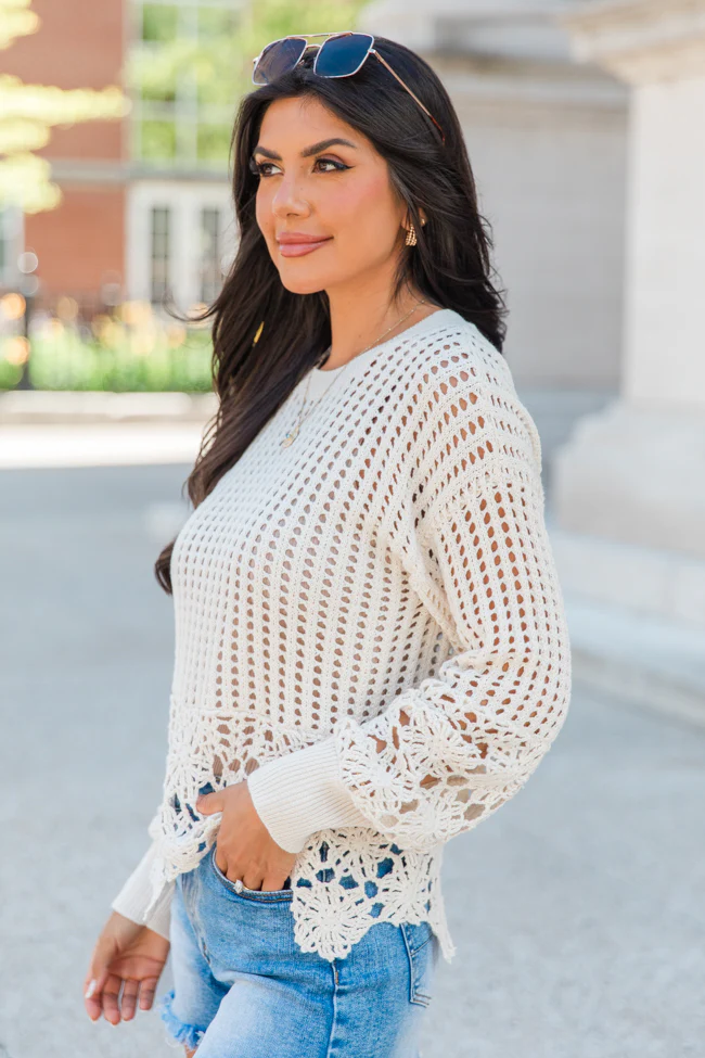 A Little Dramatic Crew Flower Trim Crochet Sweater - Terpint
