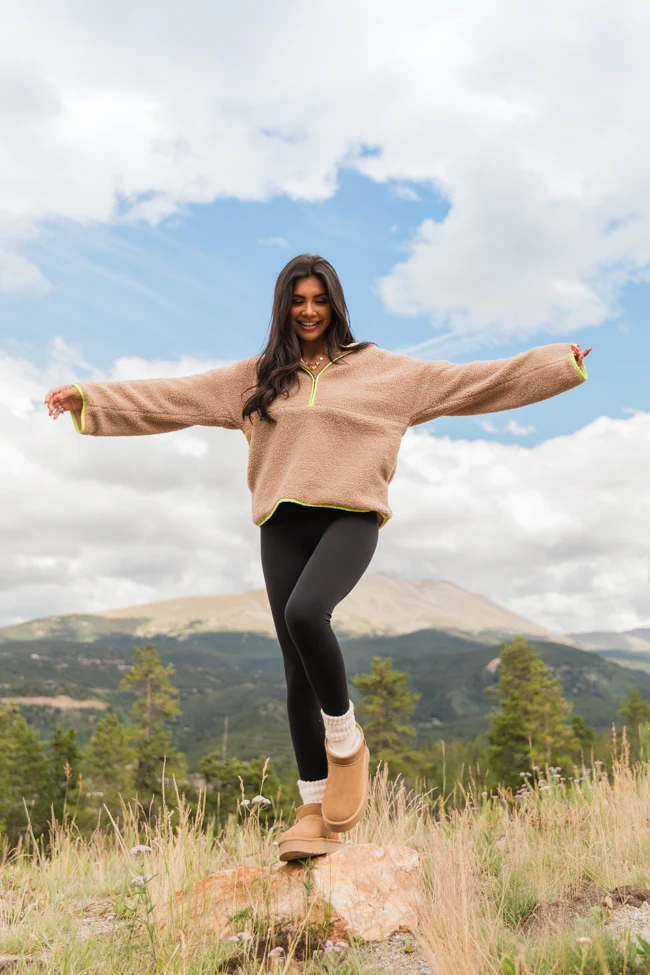 My Go To Taupe and Lime Sherpa Quarter Zip Hooded Pullover FINAL SALE - Terpint