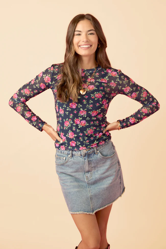 Ansley Long Sleeve Blue Floral Mesh Crewneck Top DOORBUSTER - Terpint