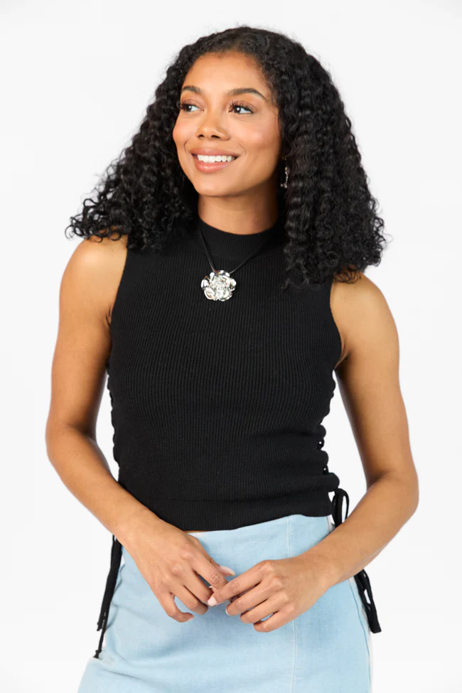 Strike The Right Note Black Corset Side Detail Sweater Tank - Terpint