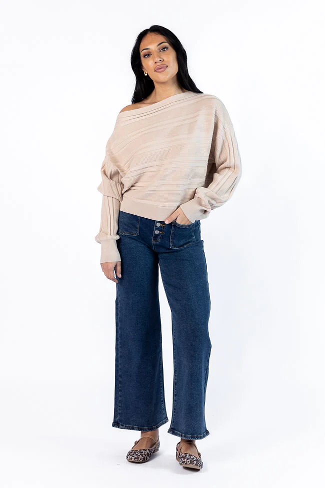 Feels Right Beige Off The Shoulder Ribbed Sweater FINAL SALE - Terpint
