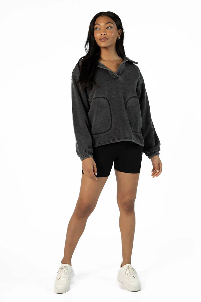 Learn As You Go Black Acid Wash Collared Pullover FINAL SALE - Terpint