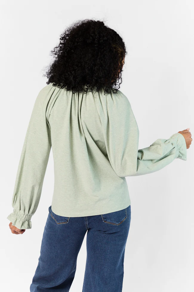 Simply You Sage Knit Notched Neck Long Sleeve Blouse FINAL SALE - Terpint