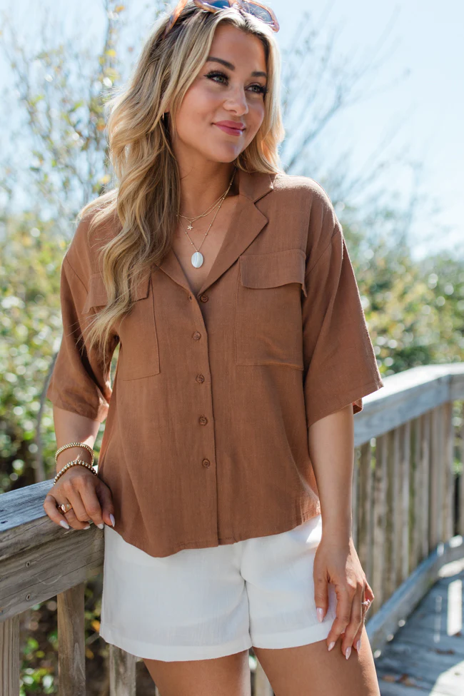 Taking A Risk Brown Pocketed Button Front Top FINAL SALE - Terpint