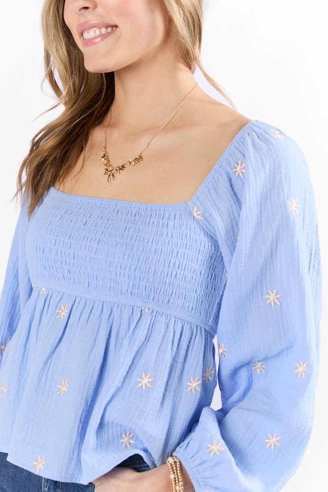 Darling Days Blue Floral Embroidered Gauze Top - Terpint