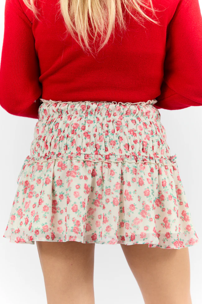 Cross My Path Ivory and Red Drop Smocked Waist Mini Skort FINAL SALE - Terpint