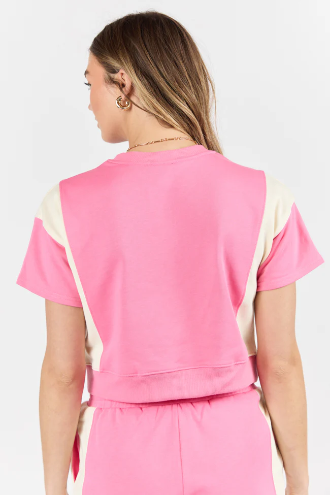 Make Or Break Pink and Ivory Contrast French Terry Short Sleeve Sweatshirt SALE - Terpint